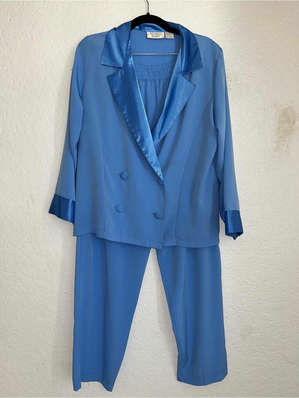 Vtg Victoria Secret Satin Pajama Set 2 Piece Blue Romantic Gold Label 80s Med